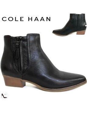 Cole Haan Women's Nella Black Leather Booties (65mm) Block Heel Ankle Boots 9